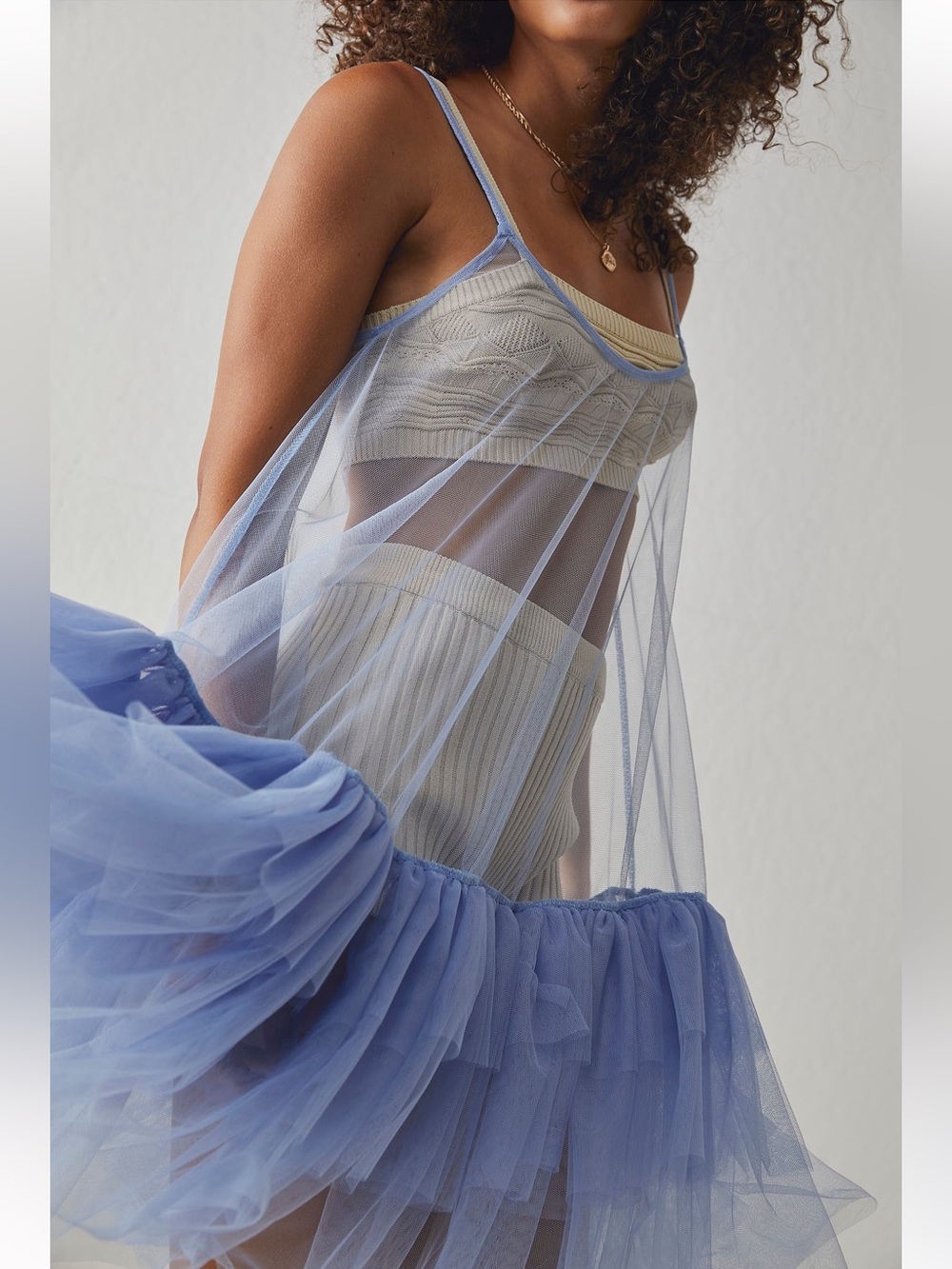 Free People Pale Blue Sheer Tulle Ruffle Dress